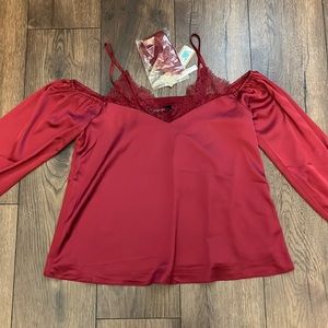 Do + Be off the shoulder lace contrast satin top with mask Marsala color